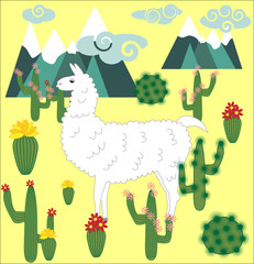 Vector cute Alpaca. Llama animals and cactus. Llama Alpaca. Cartoon animal.