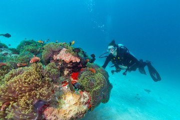 Plongeur sous-marin de jeune femme explorant le récif de corail