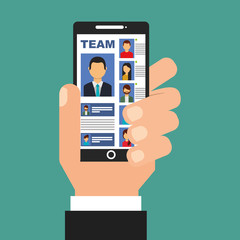 hand holding smartphone with team in screen people vector illustration