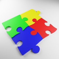 puzzle, piece, jigsaw, solution, game, business, 3d, connection, red, pieces, blue, success, isolated, teamwork, abstract, white, colorful, green, yellow, part, idea, illustration, color, symbol
