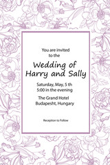 Vintage wedding invitation. Hand drawn vector meadow flowers and roses. Trendy ultraviolet colors.