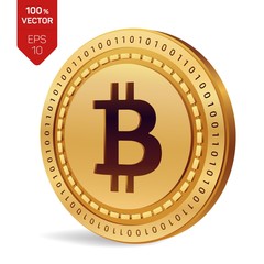 Bitcoin. 3D isometric Physical bit coin. Digital currency. Cryptocurrency. Golden coin with bitcoin symbol isolated on white background. Stock vector illustration.