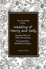 Vintage wedding invitation. Hand drawn vector meadow flowers and roses. Black and white illustration.