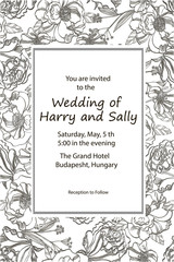 Vintage wedding invitation. Hand drawn vector meadow flowers and roses. Black and white illustration.
