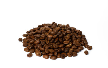Whole coffee beans isolated on white background. Colombian coffee. Image with free space for text.