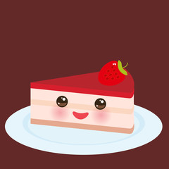 kawaii Sweet cake decorated with fresh Strawberry, pink cream and chocolate icing, piece of cake on the blue plate, pastel colors on brown background. Menu Card design. Vector