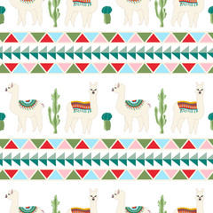 Obraz premium Seamless pattern with cute llama, castus and flower. Llama, cactus, flower pattern with Aztec geometric striped background