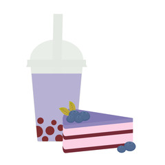 Bubble Tea with blueberry berries. Milk Cocktails in plastic cup, tubule. Sweet cake decorated with fresh blueberry, pink chocolate cream and icing, pastel colors on white background. Vector