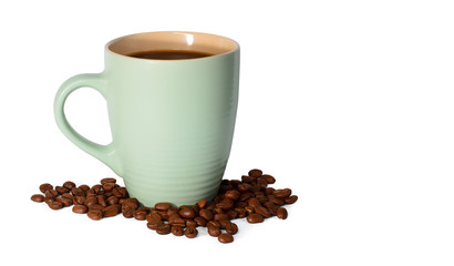 Light green clean cup with coffee and coffee beans isolated on white background. Image with free space for text