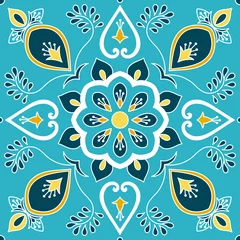 Gordijnen Mexican tile pattern vector with floral ornaments motifs. Portuguese azulejo, mexico talavera, spanish, italian majolica or moroccan ceramic texture for house bathroom wall or kitchen flooring. © irinelle