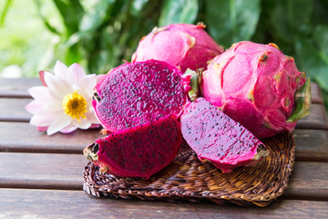 bright juicy tropical red dragon fruit. Dragon fruit or Pitaya is the plant in Cactaceae family or Cactus.