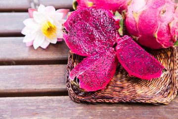 bright juicy tropical red dragon fruit. Dragon fruit or Pitaya is the plant in Cactaceae family or Cactus.