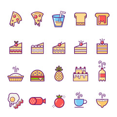 Food and food vector set icon. Pie, burger, toast with jam, soda, pizza, tea, sausage, egg, a piece of cake, lemon, tomato etc.