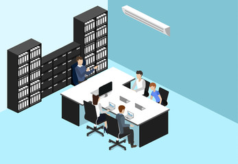 Isometric 3D illustration set Interior of department conference with workplaces