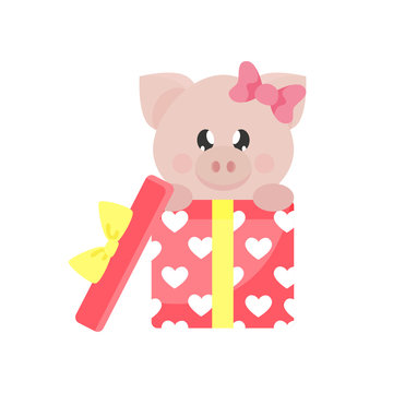 cartoon cute pig girl with lovely gift