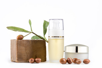 Argan products on white background
