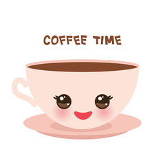 Cute pink Kawai cup, isolated on white background. Coffee time Banner template for your text, Card design. Vector