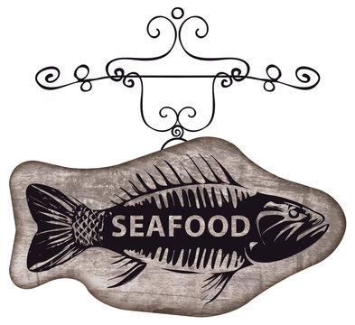 Vector street sign or banner for seafood restaurant or shop with a picture of fish on a wooden background in retro style.
