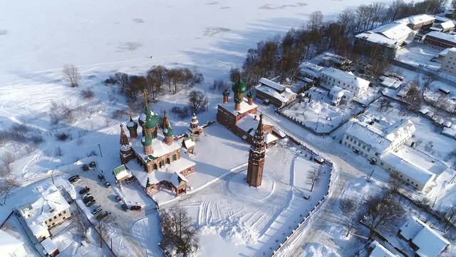View from the height of the temple complex in winter. Zlatoust Church and Vladimir Church. Yaroslavl, Korovniki.