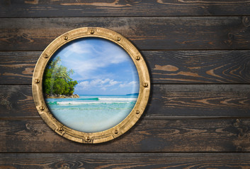 ship or boat porthole on wooden wall 3d illustration