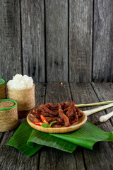 Thai food deep fried beef slice with herbs, Esan food, Thai Food, Selective focus
