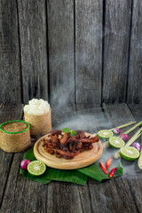 Thai food deep fried beef slice with herbs, Esan food, Thai Food, Selective focus