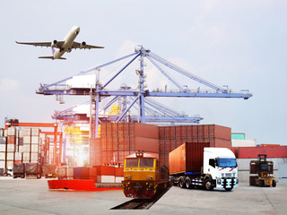 Transportation, import-export and logistics concept, container truck, ship in port and freight cargo plane in transport and import-export commercial logistic, shipping business industry