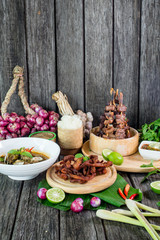 Thai food deep fried beef slice with herbs, Esan food, Thai Food, Selective focus