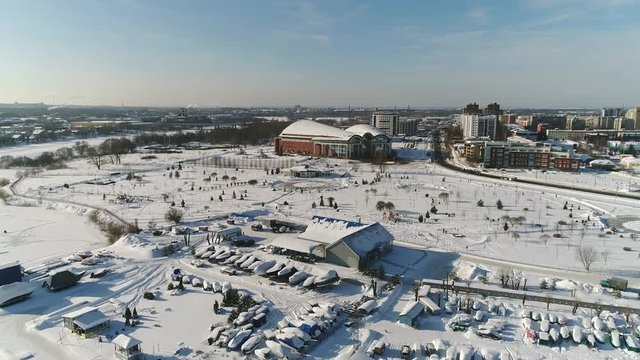 View from height to concert and entertainment center Millennium in Yaroslavl, winter.