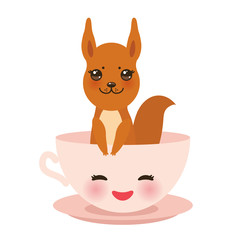 Cute Kawai pink cup with red squirrel isolated on white background. Vector