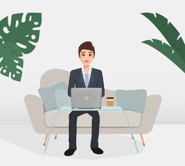 character of business man in suit sitting on sofa and using a laptop.