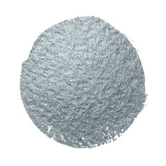 Silver glitter paint brush stain or abstract dab smear with smudge texture on white background. Isolated glittering and sparkling silver paint ink paintbrush splash circle for luxury cosmetic design