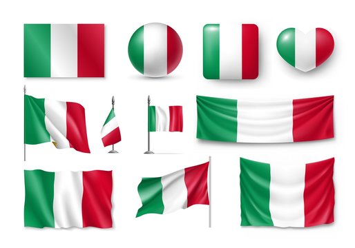 Set Italy flags, banners, banners, symbols, flat icon. Vector illustration of collection of national symbols on various objects and state signs