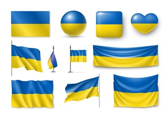 Set Ukraine flags, banners, banners, symbols, flat icon. Vector illustration of collection of national symbols on various objects and state signs
