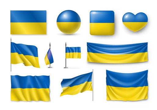 Set Ukraine flags, banners, banners, symbols, flat icon. Vector illustration of collection of national symbols on various objects and state signs