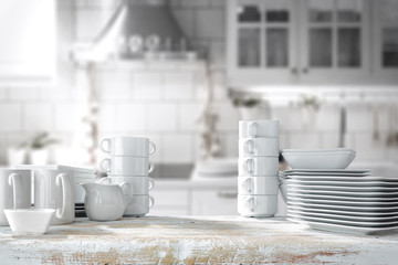 white wooden kitchen with a kitchen mixer and space for an advertising product  