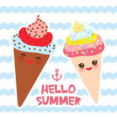 Hello Summer Ice cream waffle cone Kawaii funny muzzle with pink cheeks and winking eyes, pastel colors card design, banner template on blue waves sea ocean background. Vector