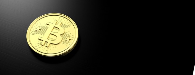 Bitcoin on black background, banner, copy space. 3d illustration