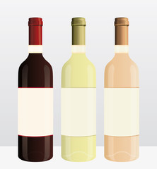 Red, white and rosé wine bottles. Vector marketing illustration.