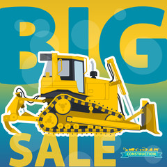 Obraz na płótnie Canvas Big excavator sale. Bagger discount background. Design template. Digger label. Construction machinery sell-off. Ground works clearance, bulldozer. Illustration vector of marketing distribution.