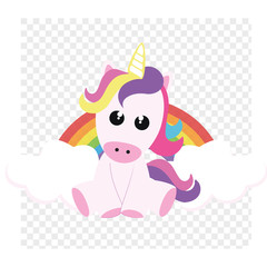 Cute t-shirt design. Pink unicorn sitting in front of the rainbow.
