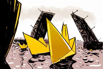 paper ship, navy and bridge, graphic illustration