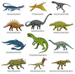 Dinosaurs set, Tyrannosaurus rex, Triceratops, Barosaurus, Diplodocus, Velociraptor, Triceratops, Stegosaurus, skeletons, fossils. Prehistoric reptiles, Animal Hand drawn vector. - obrazy, fototapety, plakaty