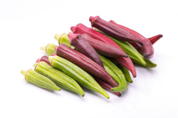 Green okra and red okra  on the white backgroud.