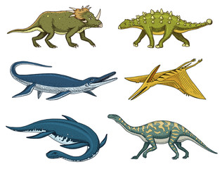 Dinosaurs Elasmosaurus, Mosasaurus, Barosaurus, Diplodocus, Pterosaur, Ankylosaurus, Velociraptor, fossils, winged lizard. American Prehistoric reptiles, Jurassic Animal engraved Hand drawn vector.