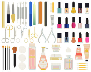 Collection set vector manicure - nail files, manicure tools, nail scissors, tweezers, nail polish, sticks. hand cream, nail polish remover, brush. Illustration manicure spa salons, body care.