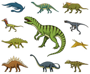 Dinosaurs set, Tyrannosaurus rex, Triceratops, Barosaurus, Diplodocus, Velociraptor, Triceratops, Stegosaurus, skeletons, fossils. Prehistoric reptiles, Animal Hand drawn vector.