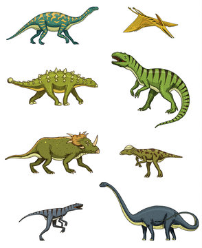 Dinosaurs set, triceratops, barosaurus, tyrannosaurus rex, stegosaurus, pachycephalosaurus, diplodocus, deinonychus, velociraptor, skeletons, fossils. Prehistoric reptiles, Animal Hand drawn vector.