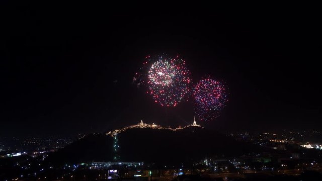 Beautiful Fireworks display in night light at Phra NakhonKhiri (Khao-Wang) festival, Phetchaburi province in Thailand-10 February 2018