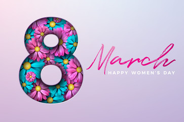Happy Womens Day Floral Greeting Card Design. International Female Holiday Illustration with Number Silhouette, Flower and Typography Letter Design on Pink Background. Vector International 8 March